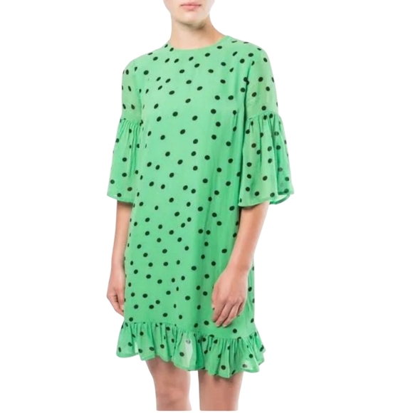 GANNI Green Black Polkadot Dainty Mid Shift Dress 34/XS Viscose Minimalist - Picture 1 of 12